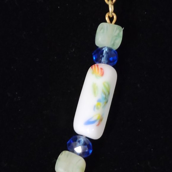 Gold chain & earrings with hand painted porcelain beads and blue and green beads - Picture 2 of 4